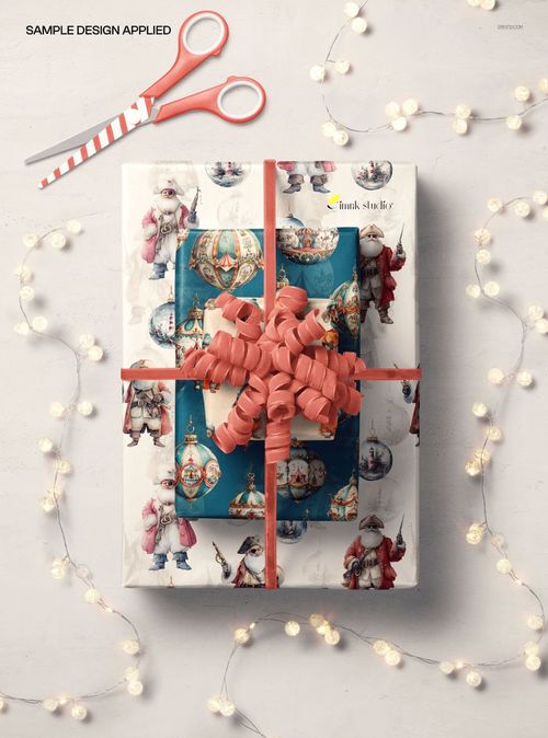 PSD mockup showing Christmas gift boxes with velvet ribbon, festive wrapping, and scissors on a white background.