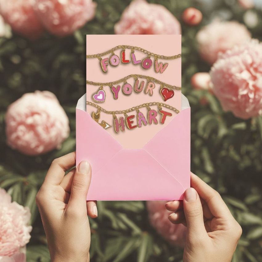 Greeting card mockup featuring hands, a pink envelope, and floral background with large peonies in natural light.