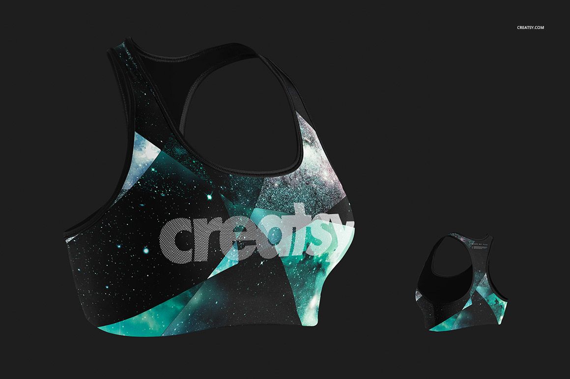 Front view of a sport bra mockup with a geometric and galaxy-inspired pattern in teal, black, and white on a dark background.