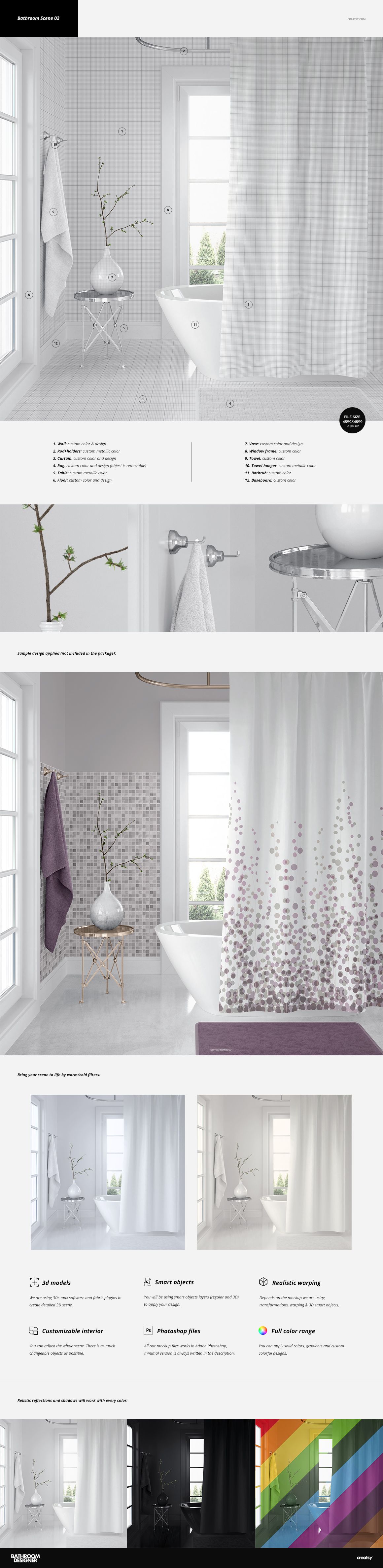 Bathroom mockup with a white tub, patterned shower curtain, towel on a modern chair, and natural light from a window.