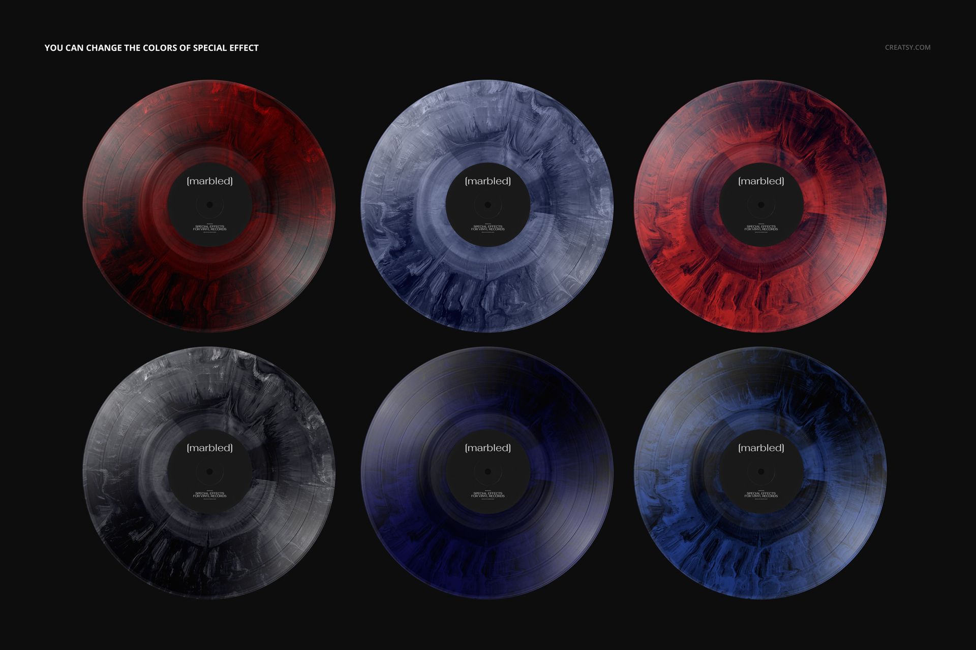 PSD mockup featuring six round vinyl records with various marbled color effects arranged in a grid layout.