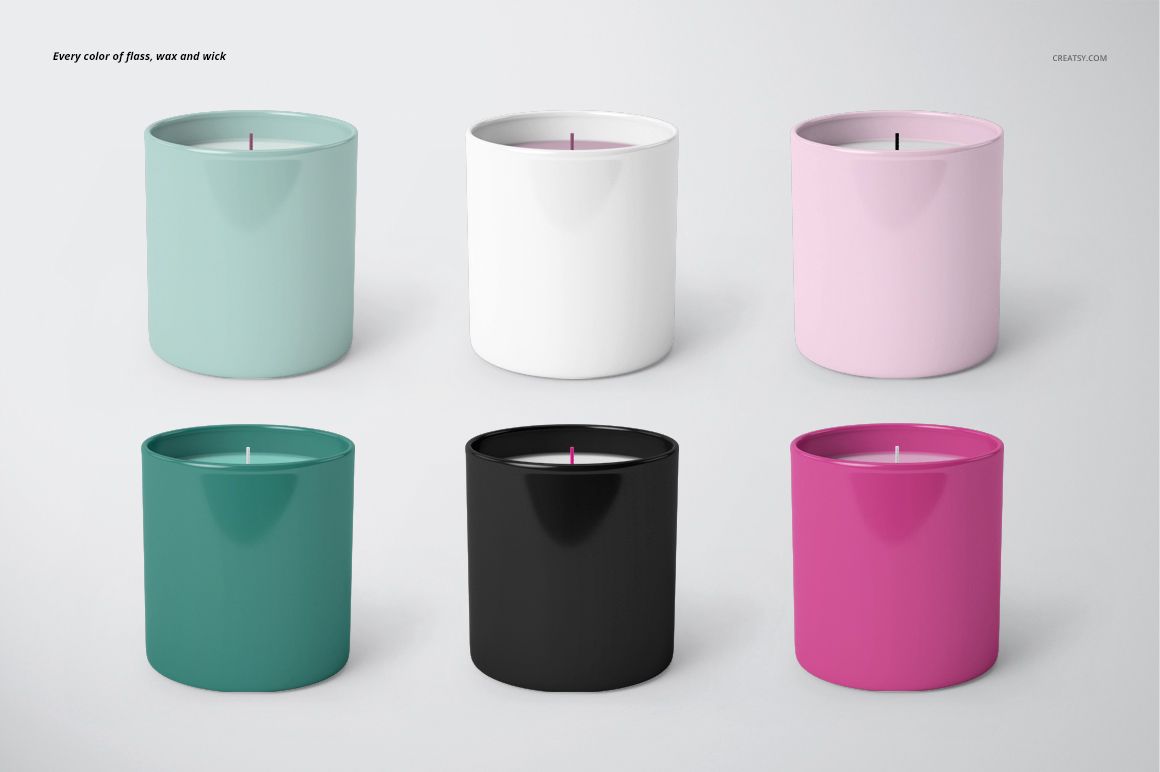 Six classic candles in turquoise, white, pink, teal, black, and magenta, displayed side by side in a PSD mockup scene.