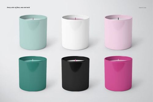Six classic candles in turquoise, white, pink, teal, black, and magenta, displayed side by side in a PSD mockup scene.