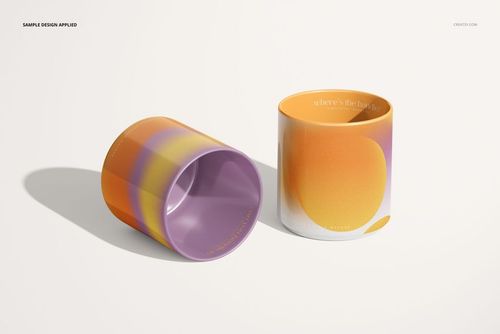 Handleless mug mockup set showing two mugs with colorful gradients, one upright and one lying on its side on a light background.