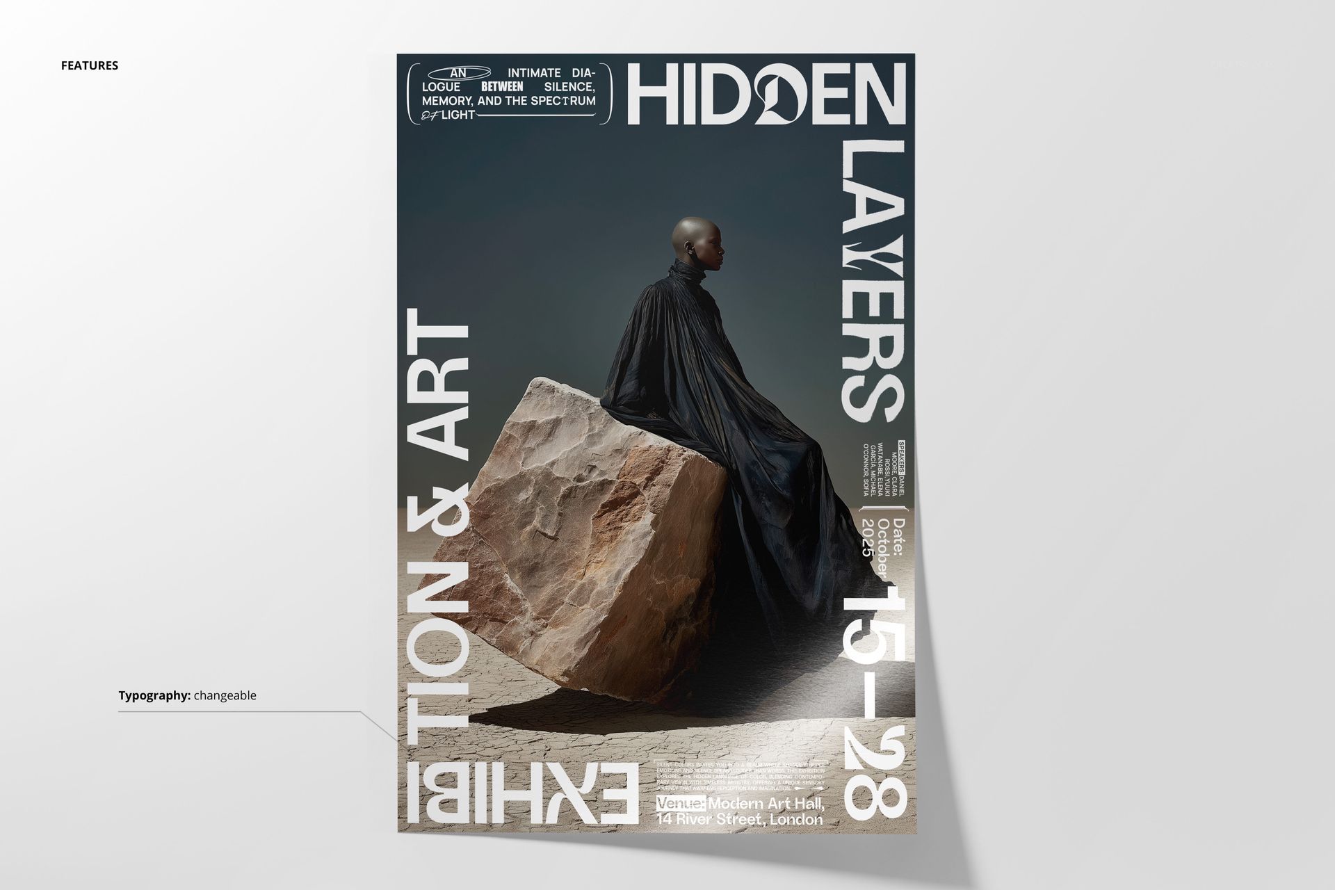 Poster mockup showing a figure draped in dark fabric seated on a large stone against a desert-like background.