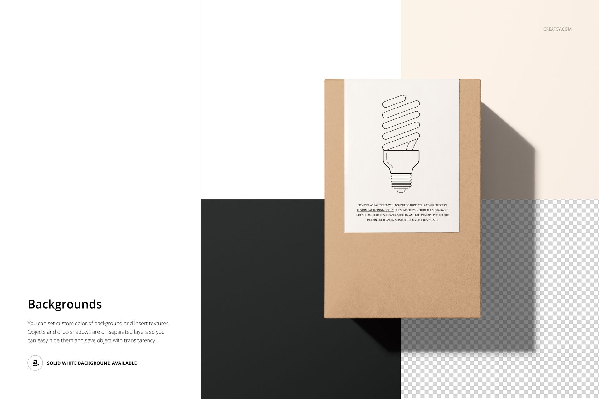 PSD mockup of a tall box featuring a front sticker, displayed on a divided white, black, and beige surface.