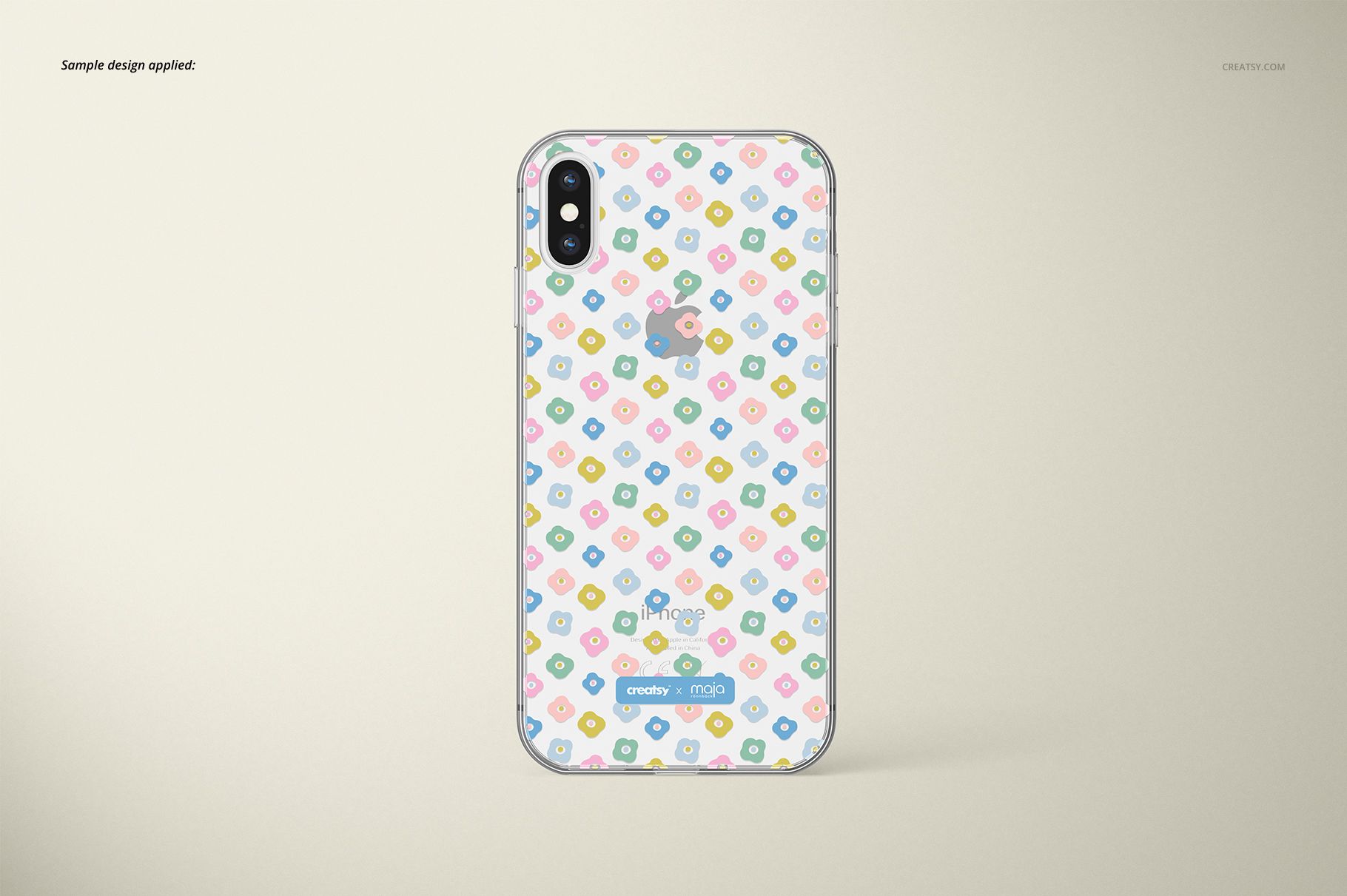 Front-facing iPhone XS clear case mockup featuring multicolored shapes on a neutral background.