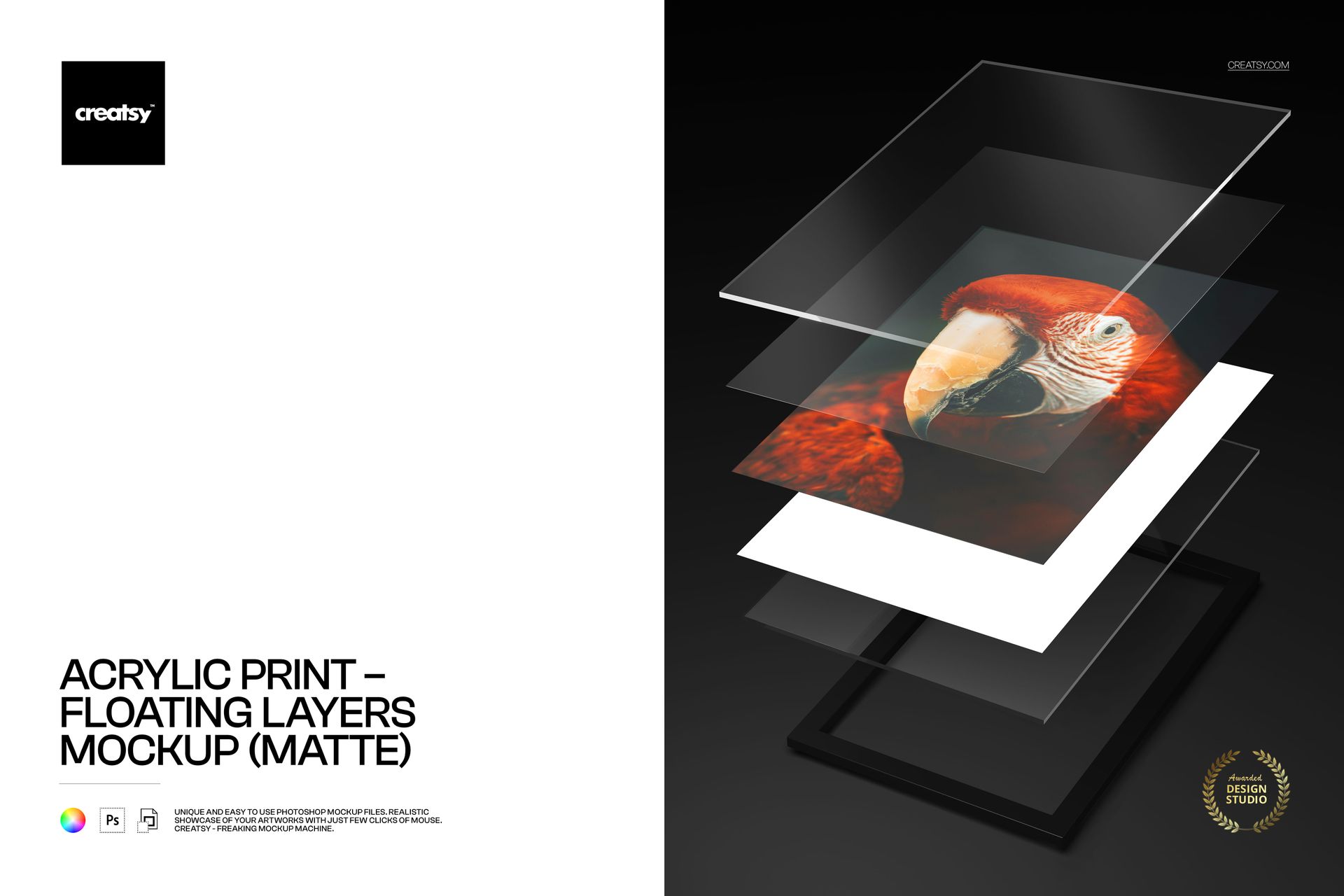 Acrylic print mockup showing floating transparent layers with a parrot image, viewed from an angled perspective.