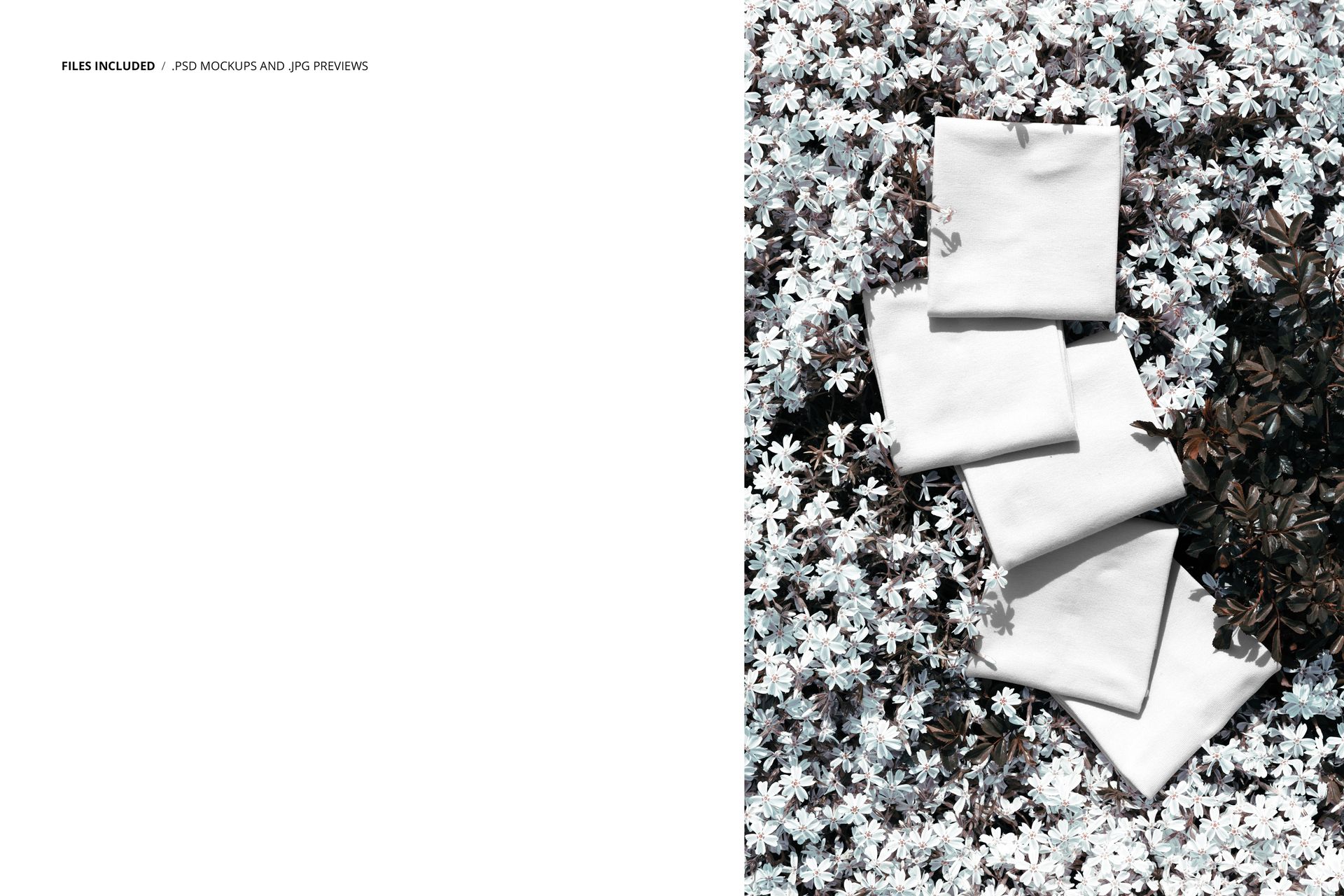 Stacked fabric samples in neutral tones arranged on a bed of white blooms, viewed from above in a mockup scene.