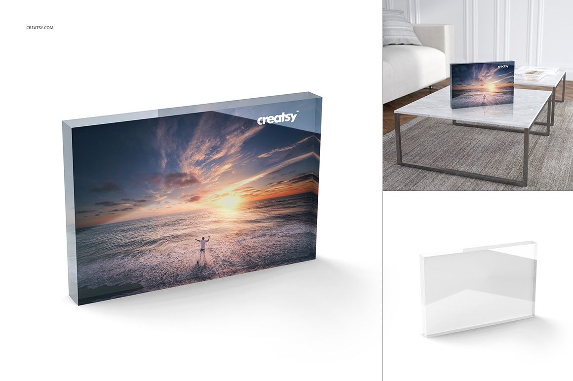 Rectangular acrylic tile mockup with a vivid ocean sunset design, displayed in a bright home interior.