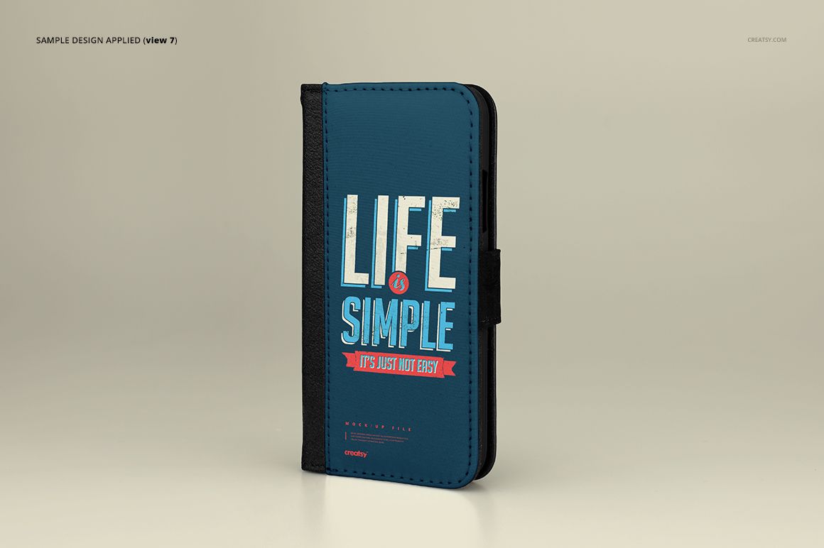 Foldable iPhone X case mockup standing upright on a light beige background, featuring a blue front cover with bold text design.