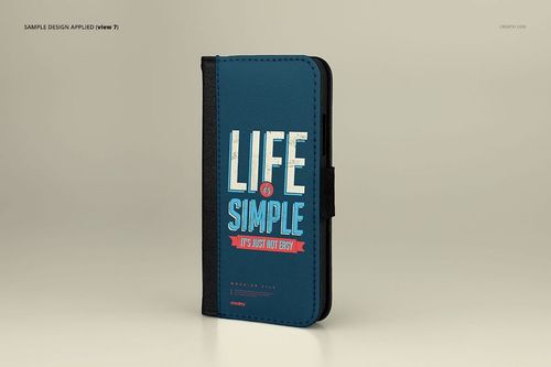 Foldable iPhone X case mockup standing upright on a light beige background, featuring a blue front cover with bold text design.