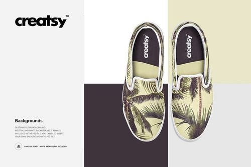 Top view of slip-on shoes with palm tree pattern on a neutral color block background, featuring a mockup design.