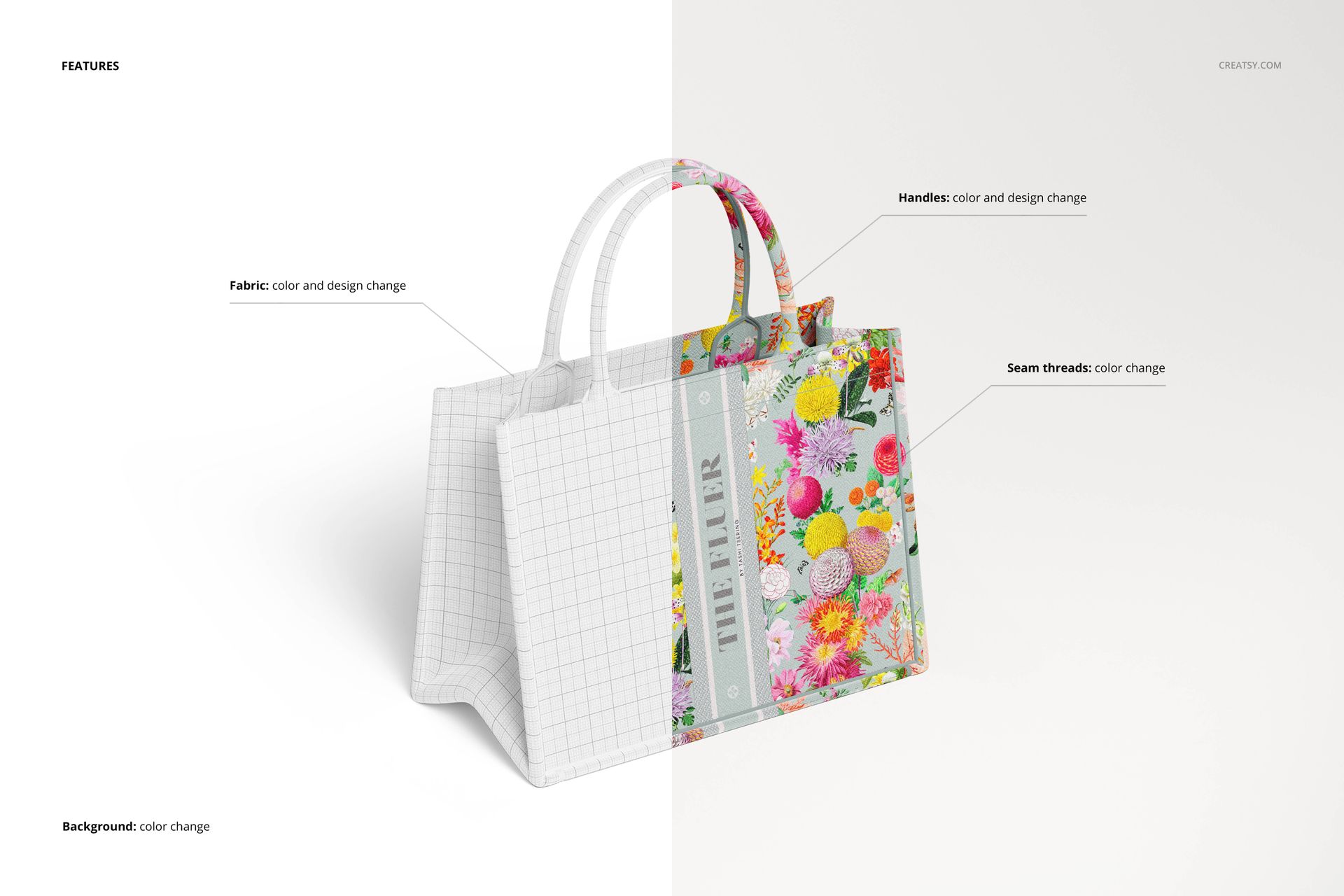 Canvas tote bag mockup shown in split view, with one side featuring a colorful floral design and the other side in a grid pattern.