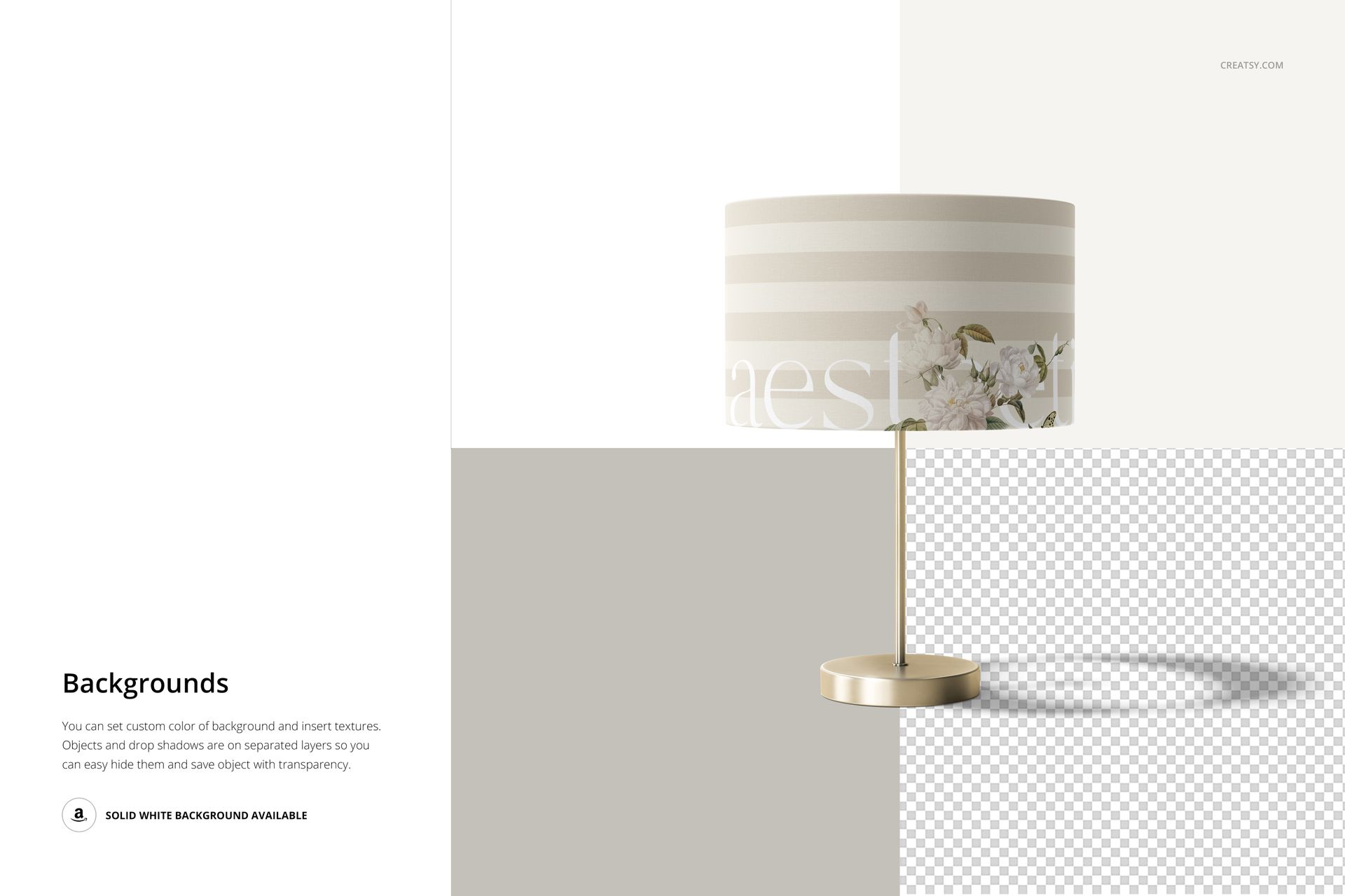 Lamp shade mockup with beige and white horizontal stripes and floral pattern, shown on a gold stand with split backgrounds.