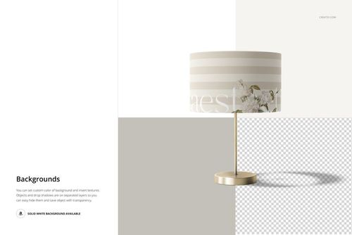 Lamp shade mockup with beige and white horizontal stripes and floral pattern, shown on a gold stand with split backgrounds.