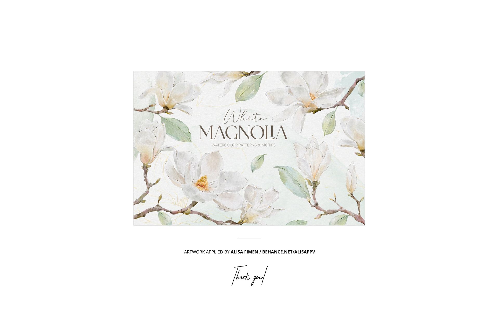 Hanging fabric mockup featuring a floral magnolia design with delicate branches and leaves in pastel colors.