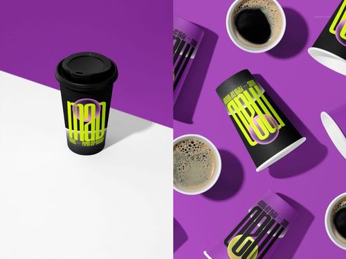 Paper cup mockup featuring black cups with yellow-green text, shown with lids and straws on a purple and white background.