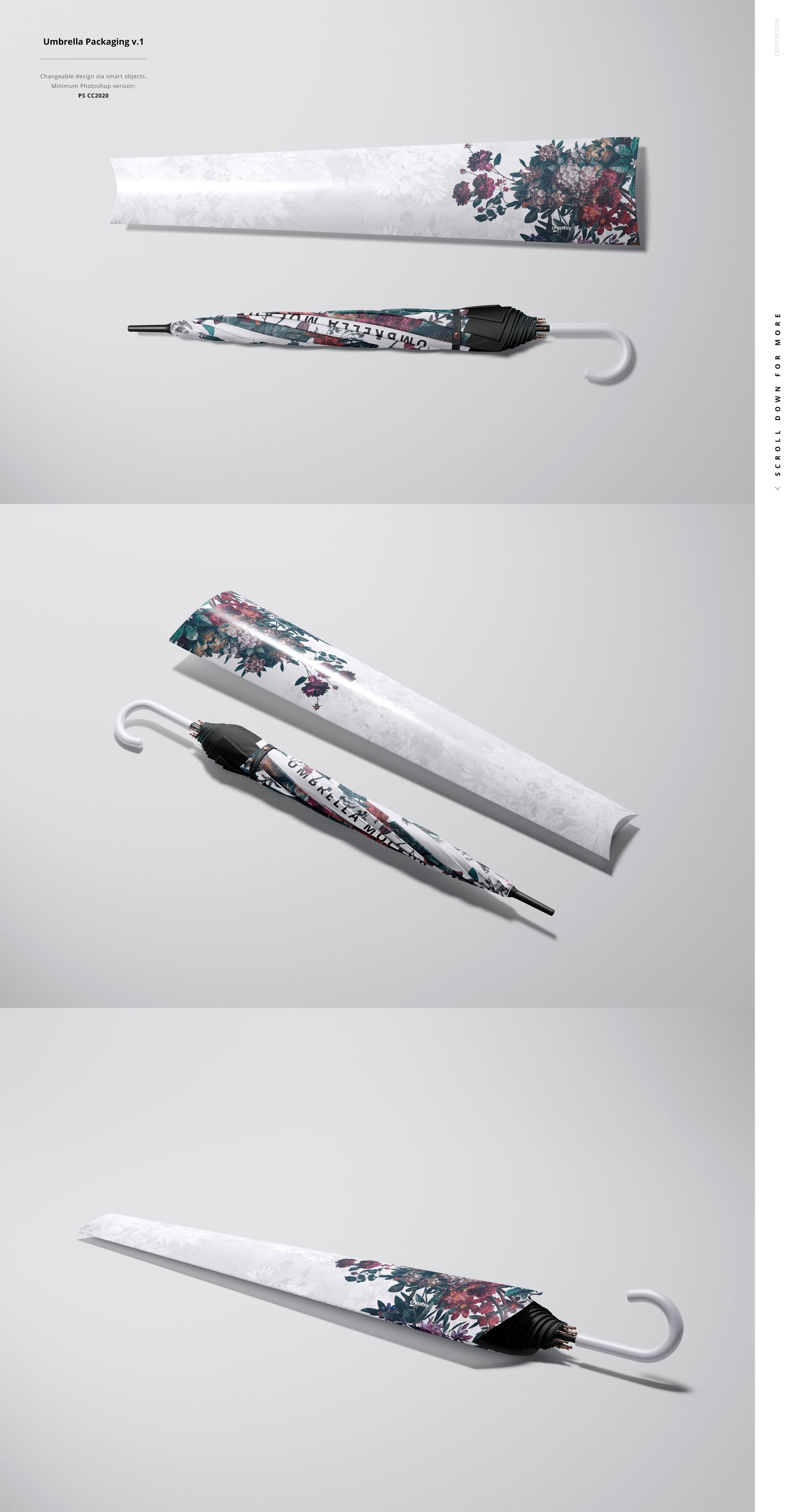 PSD mockup of a closed umbrella with botanical print, white handle, and matching box on a neutral background.