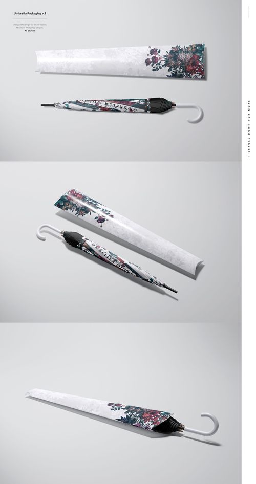 PSD mockup of a closed umbrella with botanical print, white handle, and matching box on a neutral background.