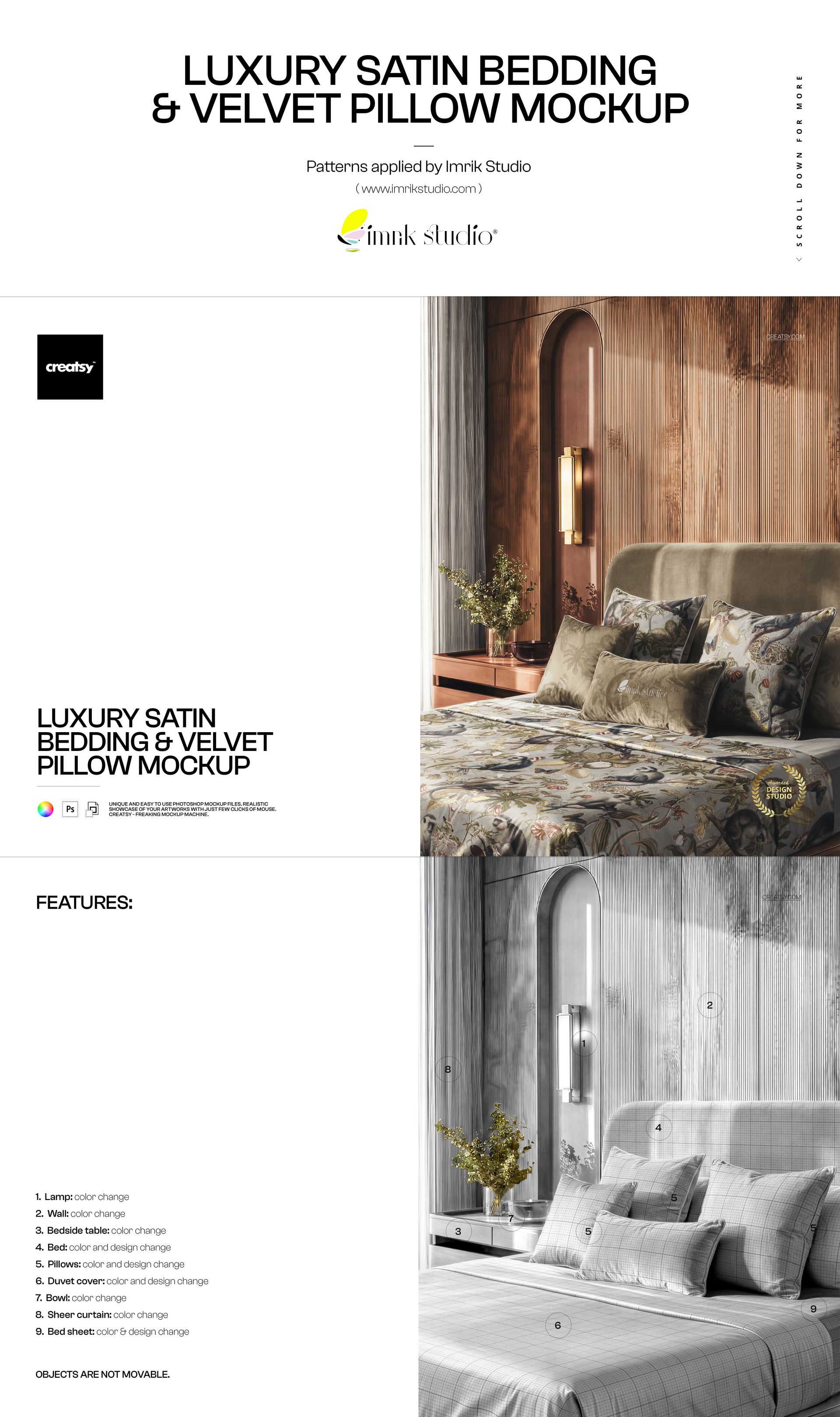 PSD mockup showing a stylish bedroom scene with patterned bedding, velvet pillows, and a wood accent wall.