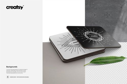 PSD mockup of two rectangular coasters featuring monochrome geometric patterns, displayed on concrete and transparent surfaces.