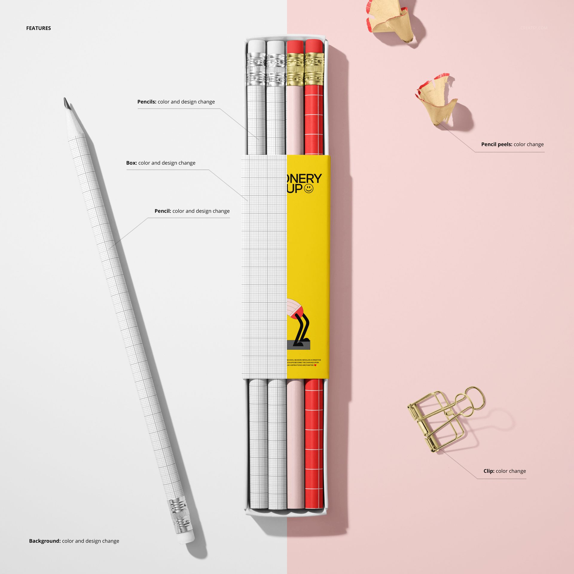 Stationery pencil box mockup showing a set of pencils in a rectangular box, split between white and red designs, top view.