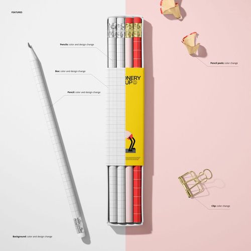 Stationery pencil box mockup showing a set of pencils in a rectangular box, split between white and red designs, top view.