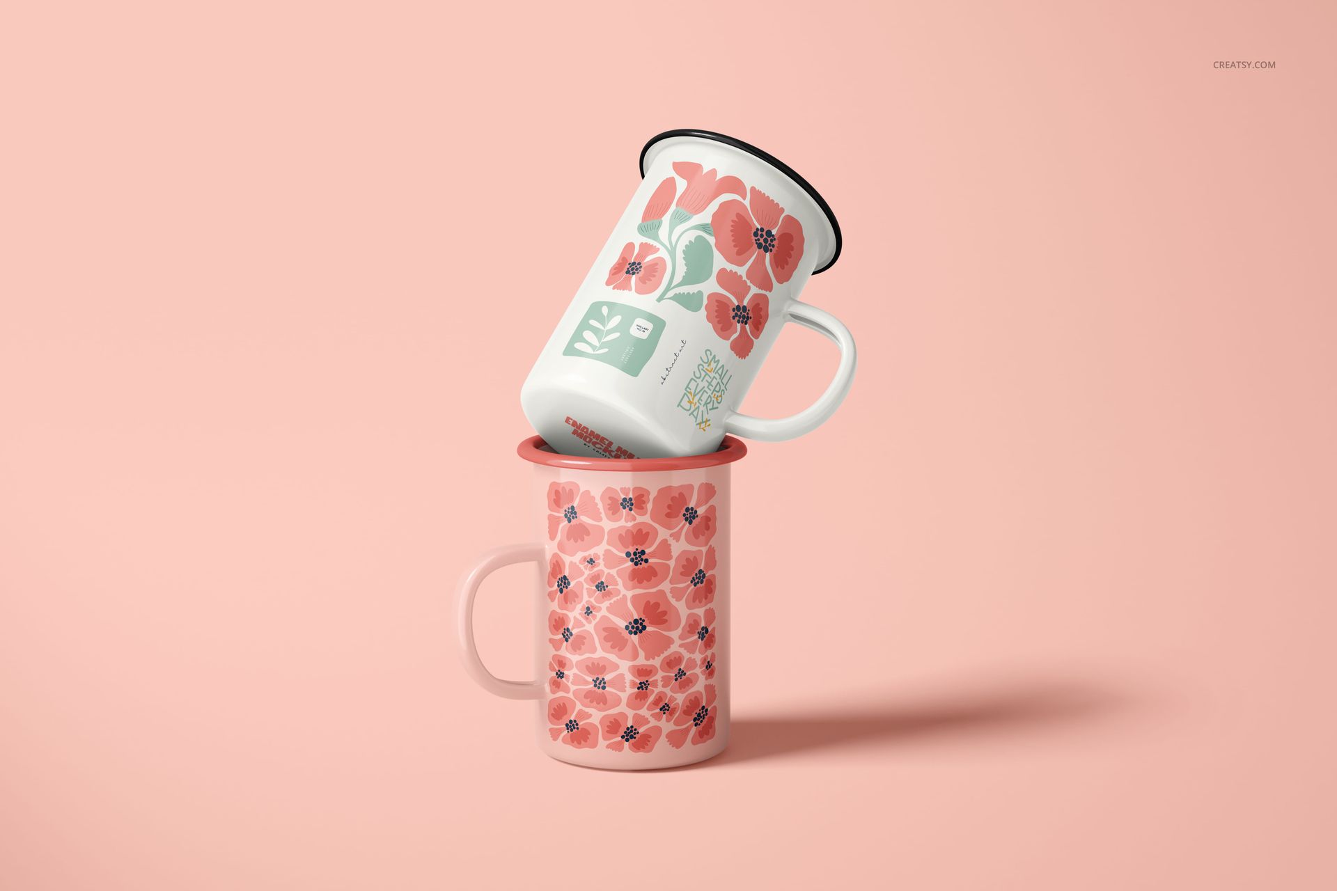 450ml enamel mug mockup featuring two mugs with red flower designs, shown from a front angle on a pink background.