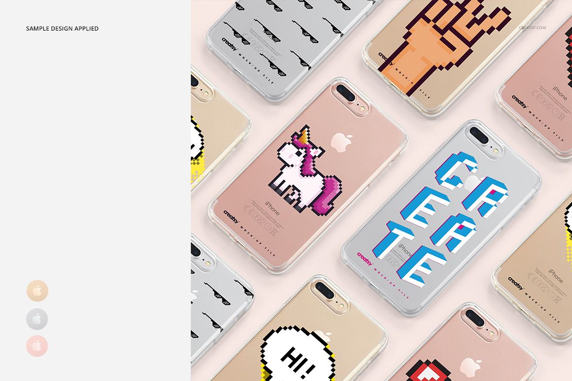 PSD mockup of clear iPhone 7 Plus cases with various cartoon-style designs on phones, seen from above.