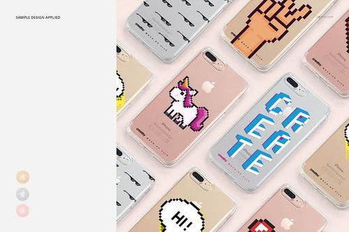 PSD mockup of clear iPhone 7 Plus cases with various cartoon-style designs on phones, seen from above.