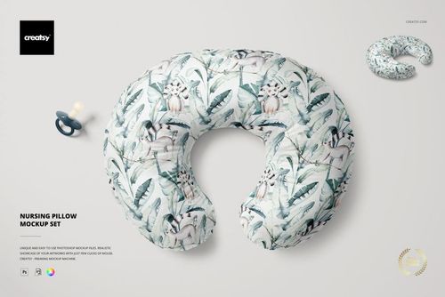Nursing pillow mockup set featuring a floral-patterned pillow, pacifier, and side view pillow on a neutral surface.
