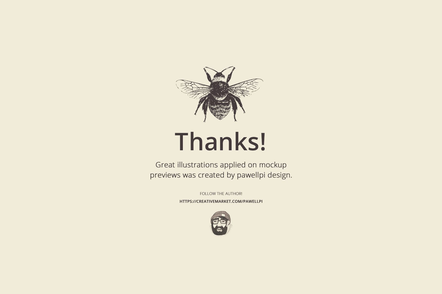 Minimalist mockup featuring a detailed bee drawing, large thank you message, and subtle circular element on beige.