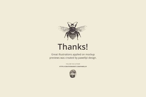 Minimalist mockup featuring a detailed bee drawing, large thank you message, and subtle circular element on beige.