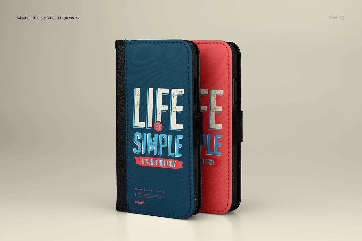 Foldable iPhone X case mockup set showing two cases standing upright, one red and one blue, with bold text design.