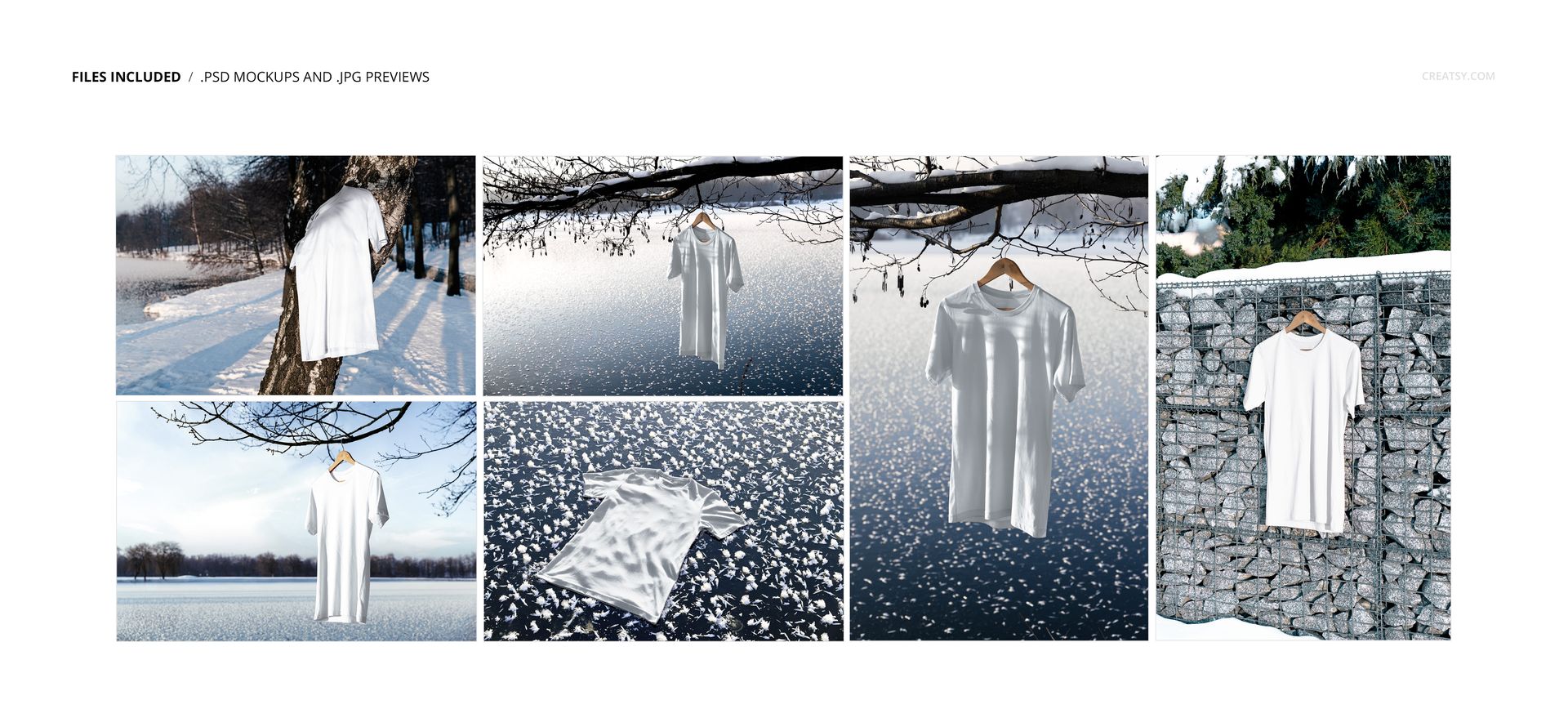 Set of white t-shirt mockups shown on frozen lake, snowy tree trunk, and stone wall with pine trees in winter settings.