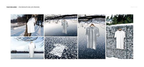 Set of white t-shirt mockups shown on frozen lake, snowy tree trunk, and stone wall with pine trees in winter settings.