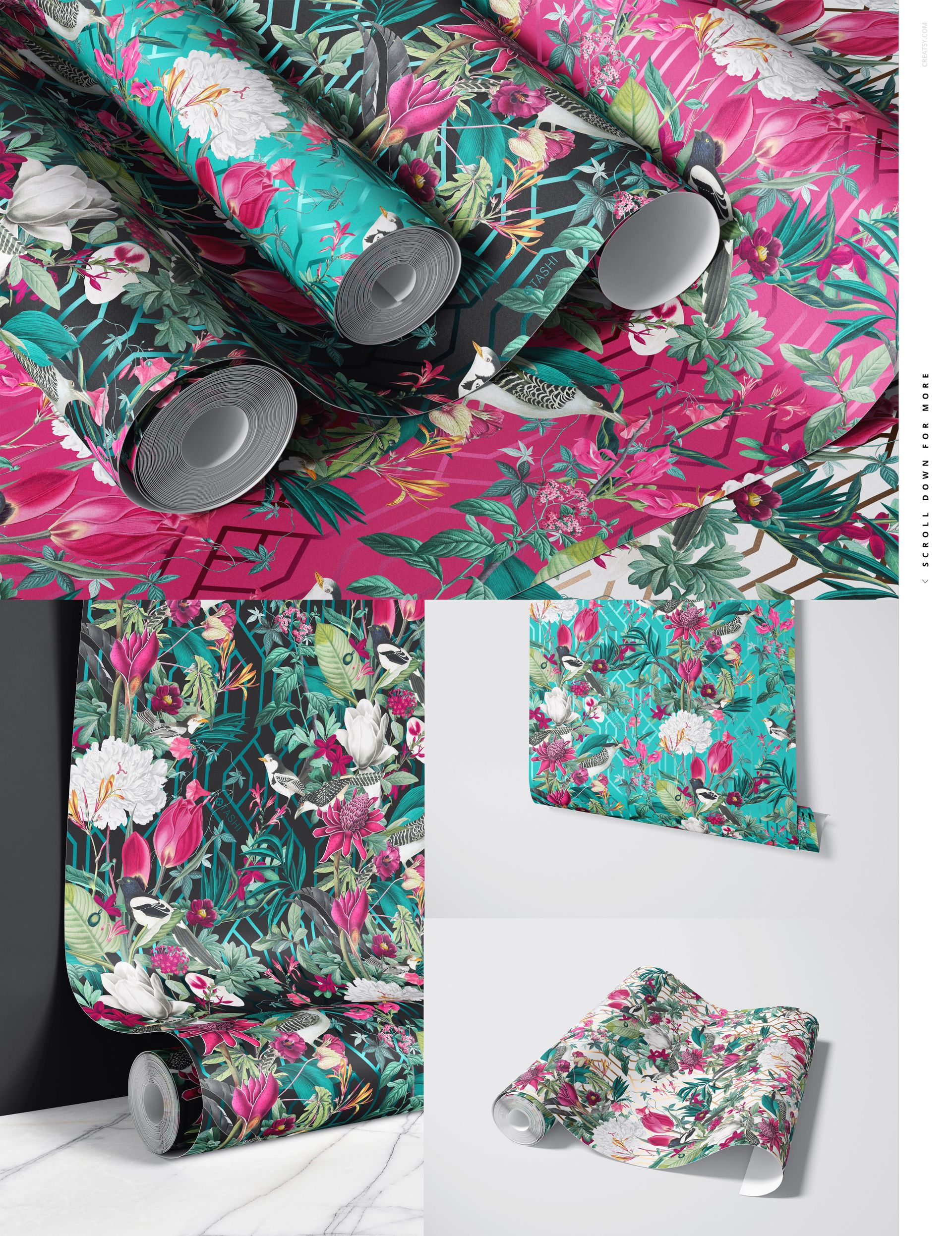 Rolled and unrolled paper wallpaper mockup featuring vibrant floral patterns in pink, green, and white tones.