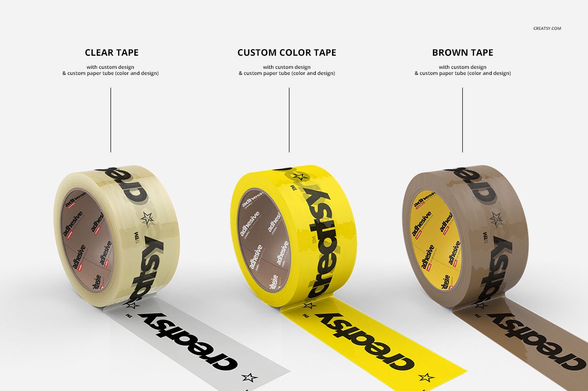 Front view of three types of packing tape mockups, featuring clear, custom color, and brown tape with printed patterns.