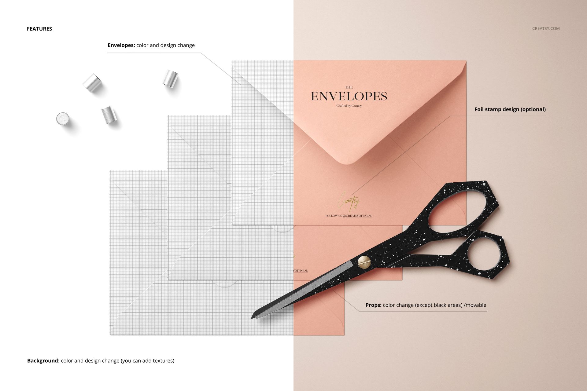 C6 envelope mockup set featuring several envelopes in light colors, grid paper, and black scissors on a desk.