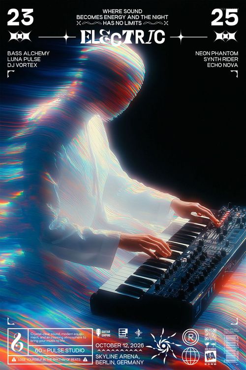 Electric Devotion poster mockup showing a luminous person at a synthesizer, surrounded by colorful streaks and event details.