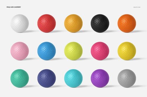 Golf ball PSD mockup showing multiple balls in bright shades, neatly organized on a clean white surface.