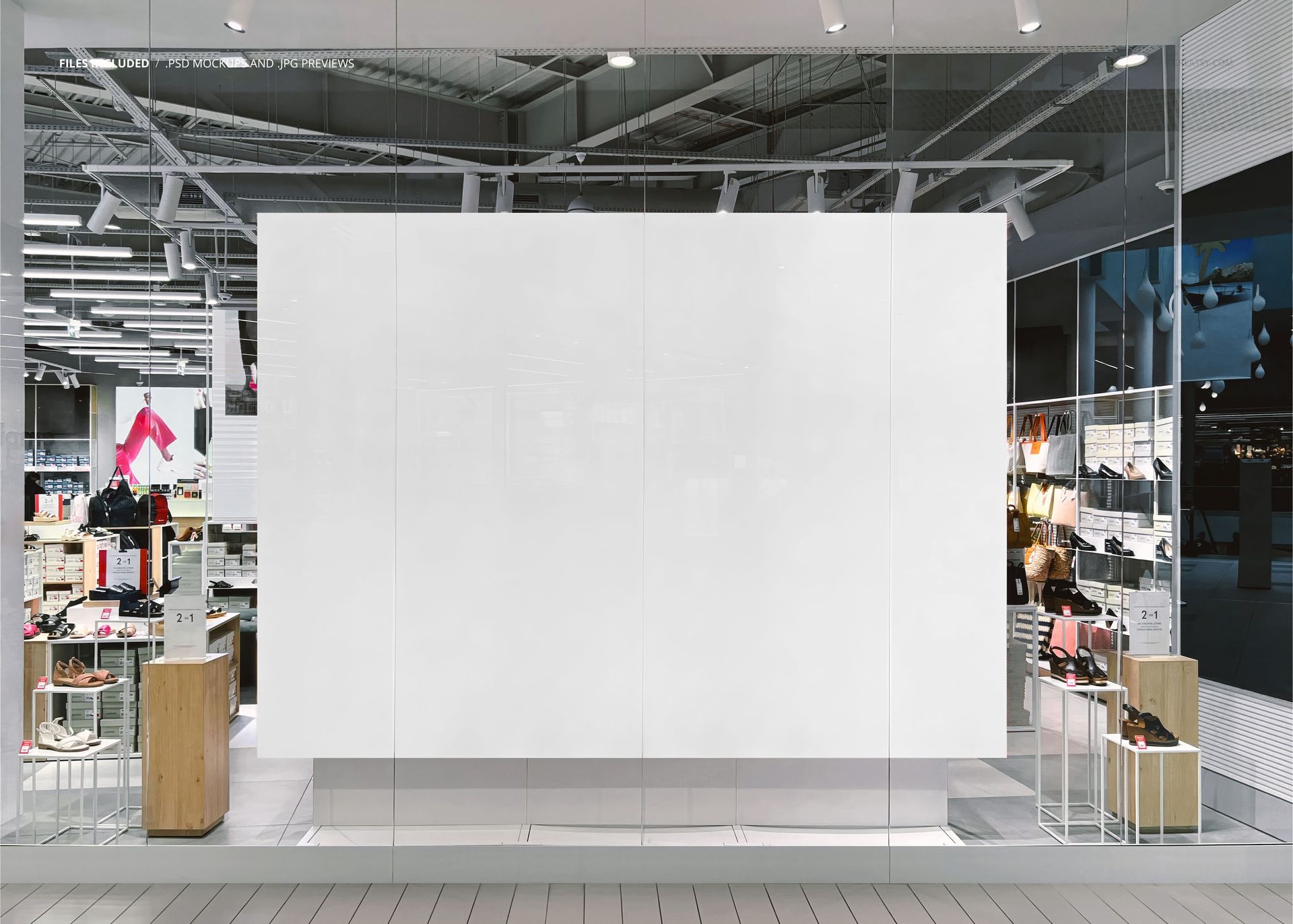 Front view of a large rectangular light box display mockup in a modern shopping mall storefront with glass walls.