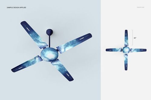Ceiling fan mockup with four blades, featuring a blue galaxy pattern, shown from a top-down perspective on a light background.