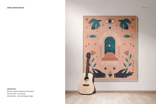 Woven throw blanket mockup with fringed edges, featuring a cosmic-themed design, displayed on a wall above a wooden floor with a guitar leaning nearby.