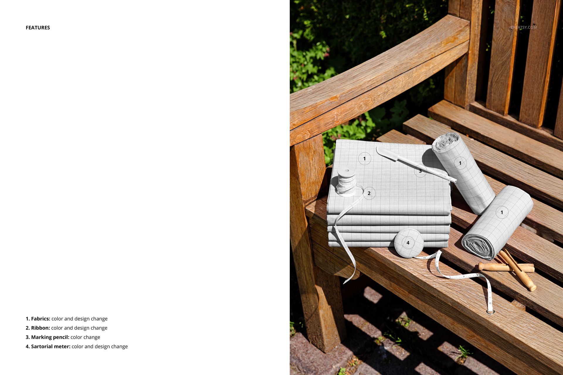 PSD mockup of fabric rolls and stacked fabrics with sewing accessories displayed on a garden bench in natural light.