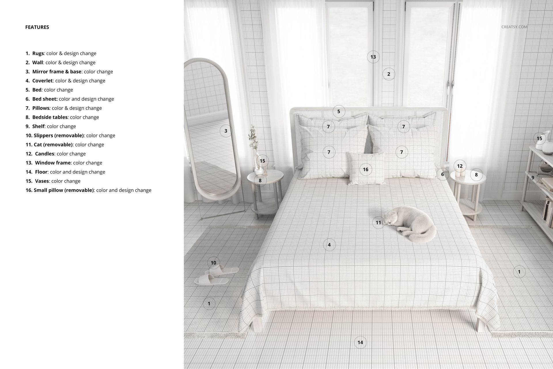 Front view of a bed with a light-colored coverlet featuring a subtle grid pattern in a boho bedroom mockup scene.