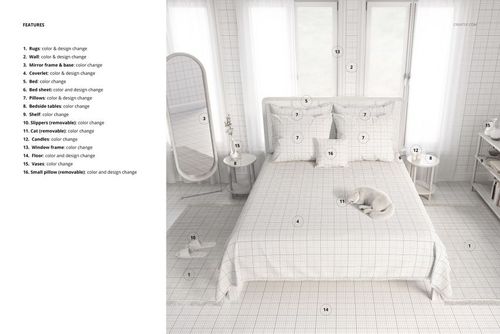 Front view of a bed with a light-colored coverlet featuring a subtle grid pattern in a boho bedroom mockup scene.