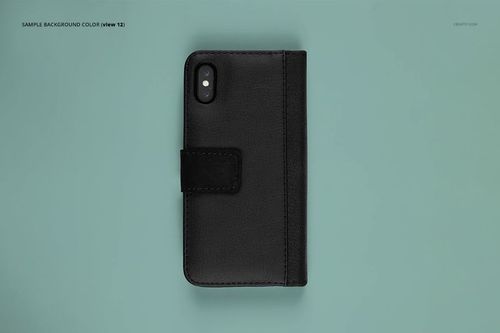 PSD mockup of a black iPhone X foldable case with textured finish, viewed from above on a teal background.