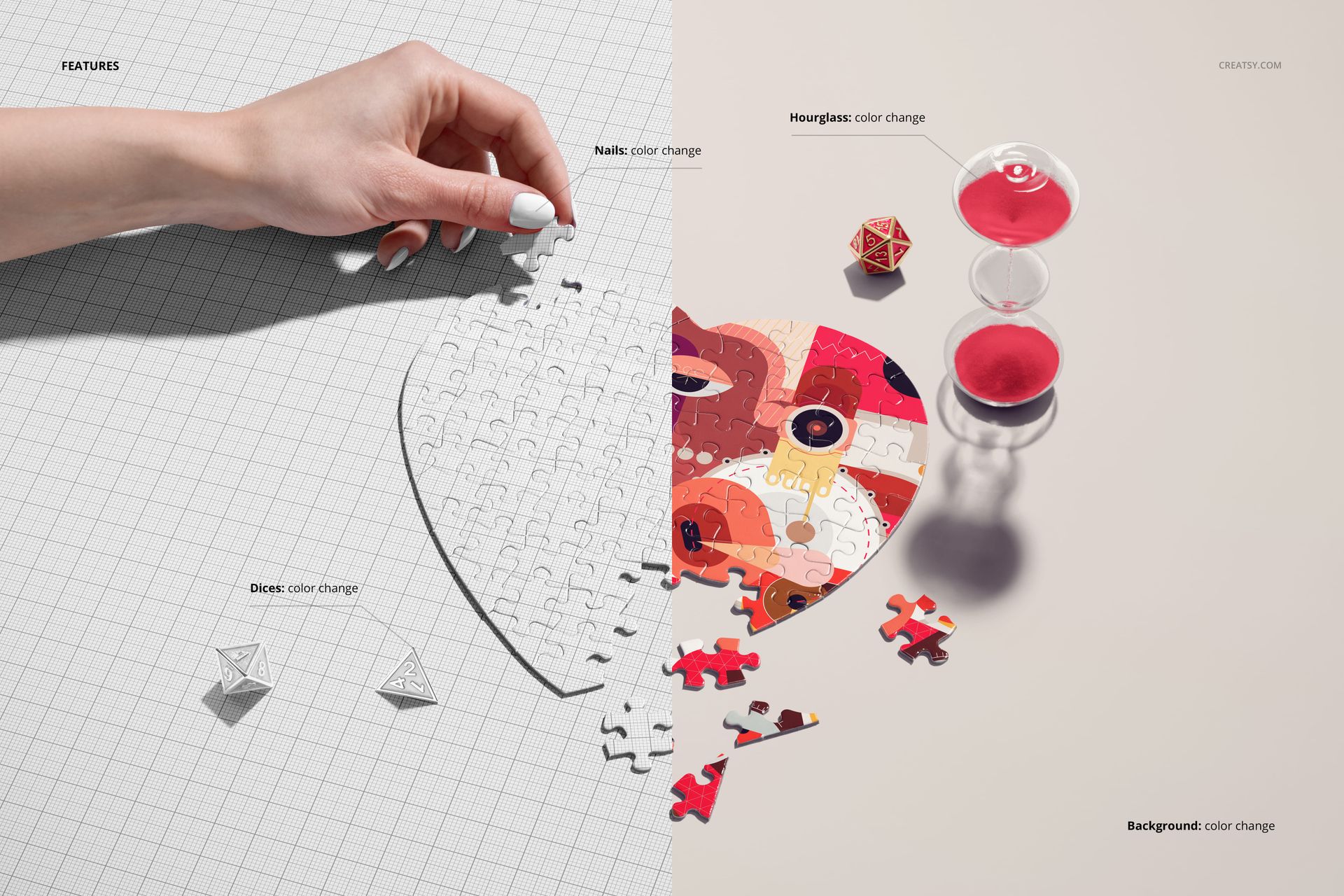 Heart-shaped jigsaw puzzle mockup with half completed design, shown from a top view with a hand placing a piece.